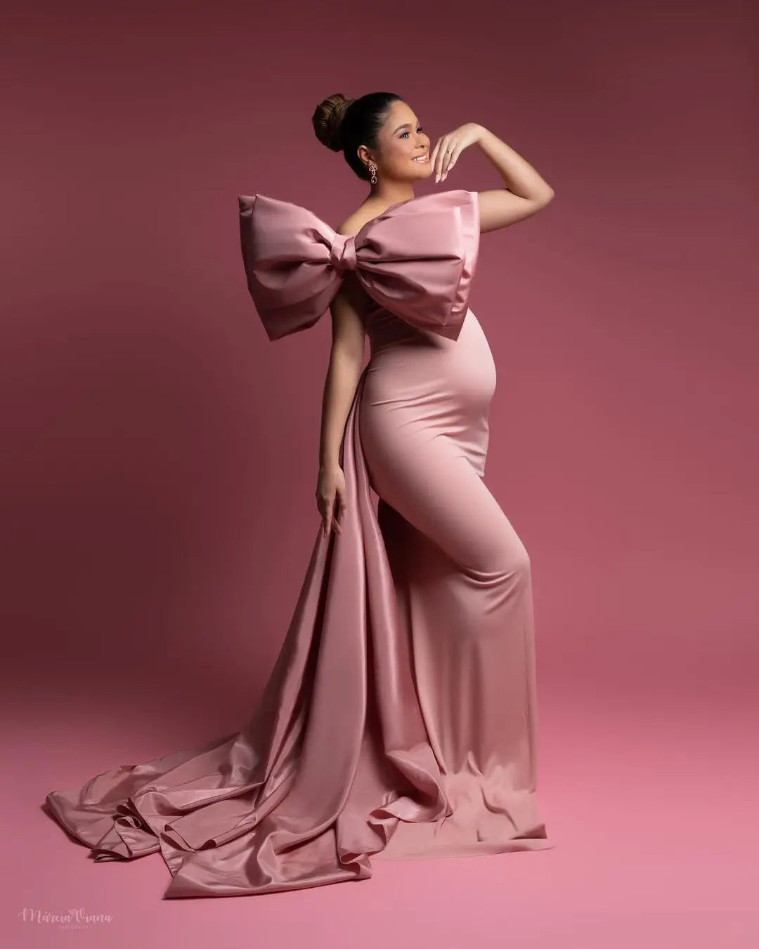 nvxiot - Pink Bow Wedding Maternity Dress for Photoshoot Plus Size Pregnancy Baby Shower Photography Gown for Wedding Guest Custom #18457