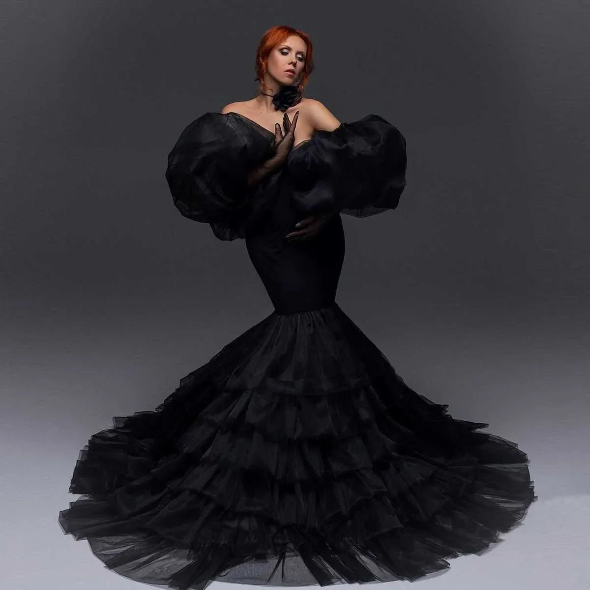 nvxiot - Pretty Black Mermaid Maternity Dresses for Pregnancy Women Puff Sleeves Tiered Tulle Maternity Photoshoot Dress Babyshower Gowns