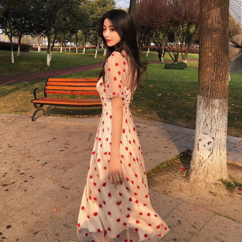 nvxiot Summer Strawberry Dress Embroidery Sexy Square Collar Midi Dresses Casual Short Sleeve Beach Party Dress Femme Vestidos Robe
