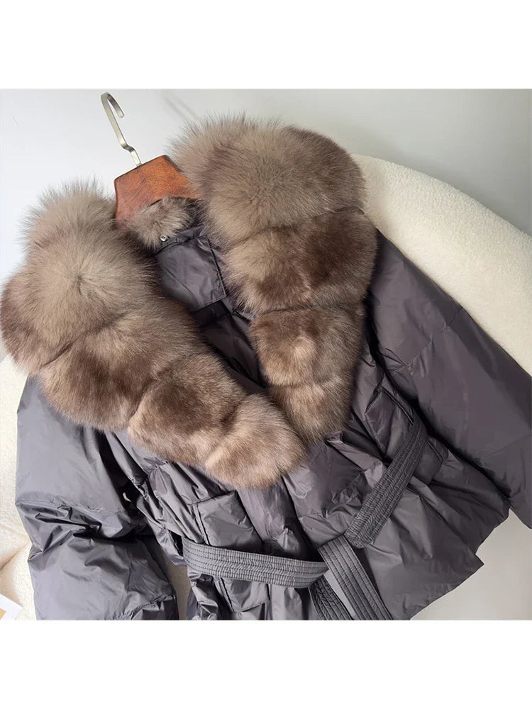 MQTIME - 2024 Autumn Winter Women 90% White Duck Down Jacket Fox Fur Coat Parkas Feather Short Puffer Coat