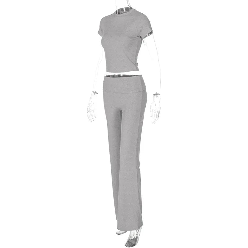 nvxiot - Women Solid Ribbed Tracksuits Summer Casual 2 Piece Set Short Sleeve T-shirts Crop Tops Folded Waist Slim Flare Pants Suits