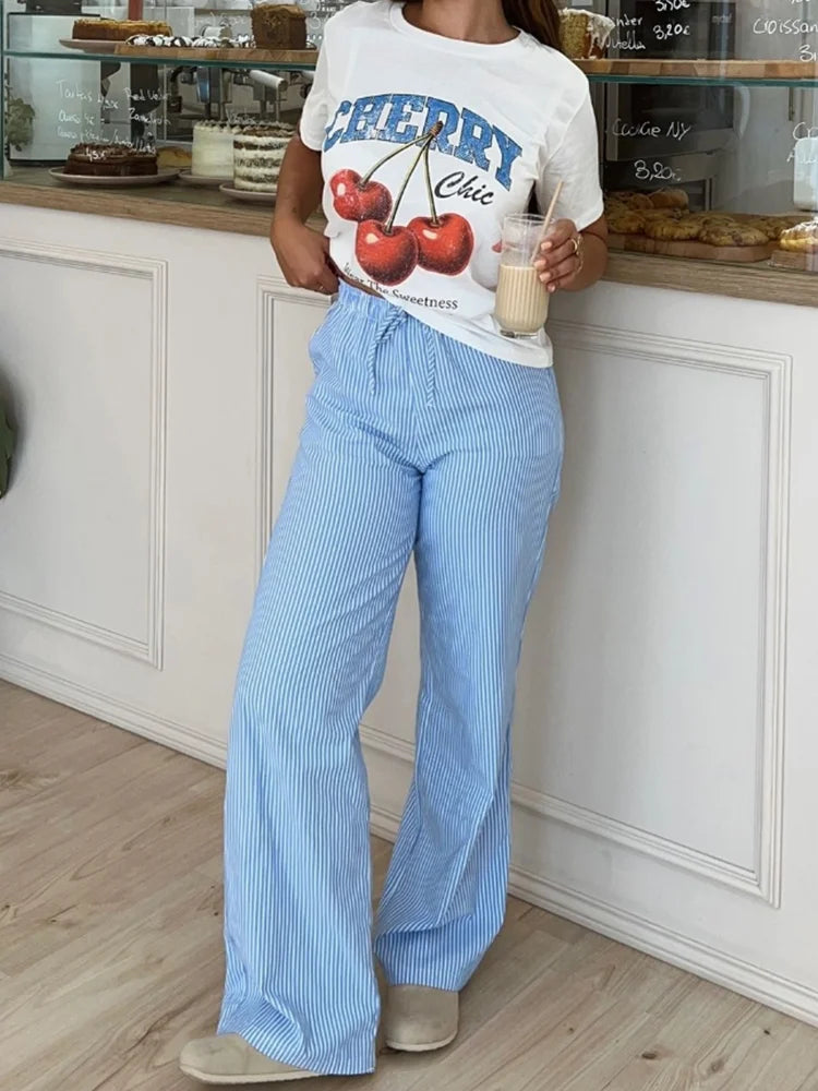 nvxiot - women's 2024 summer new loose casual pants elastic mid-waist wide-leg pants straight striped trousers 6929/410