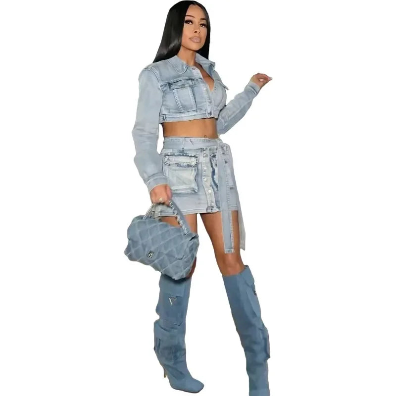 nvxiot - Women Jeans Cargo Two Piece Set Turn Down Collar Long Sleeve Single Breasted Crop Jackets Top Pockets Belt Mini Skirts Suits