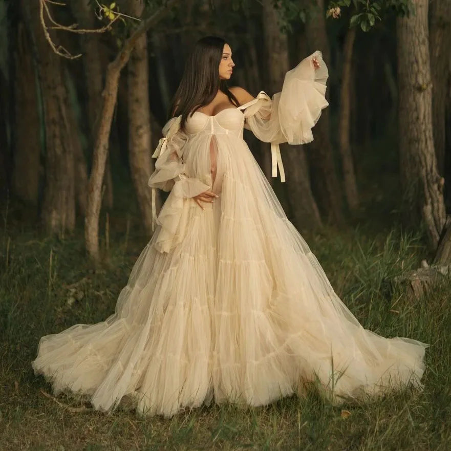 nvxiot - Gorgeous Ruffled Tulle Maternity Dresses for Photography Fluffy Tulle Pregnancy Women Photo Shoot Dress Maternity Robes Custom