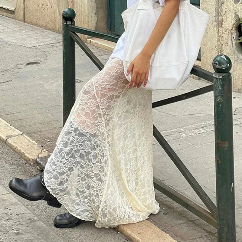 MQTIME - Semi Sheer Midi Long Skirt with Two Layer Lace Trumpet Mermaid Maxi Skirts @e-girl fairycore 2000s grunge goth aesthetic korean