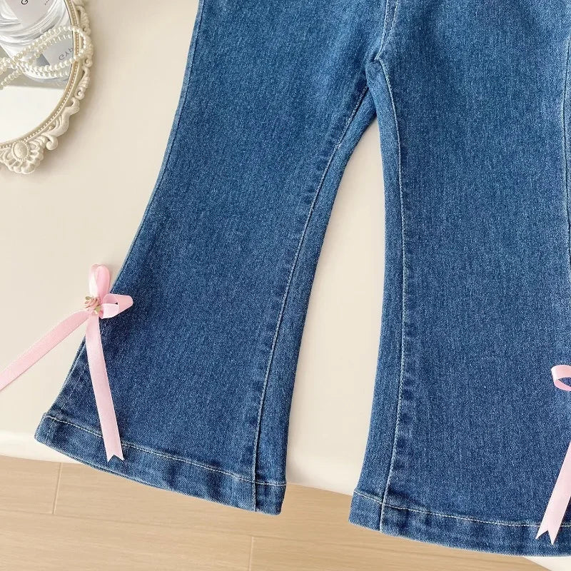 MQTIME - Girls Jeans Autumn Spring Bow Kids Denim Pants Fashion Korean Fall Children Casual Trousers Baby Girl Flared Trousers 2-7Yrs
