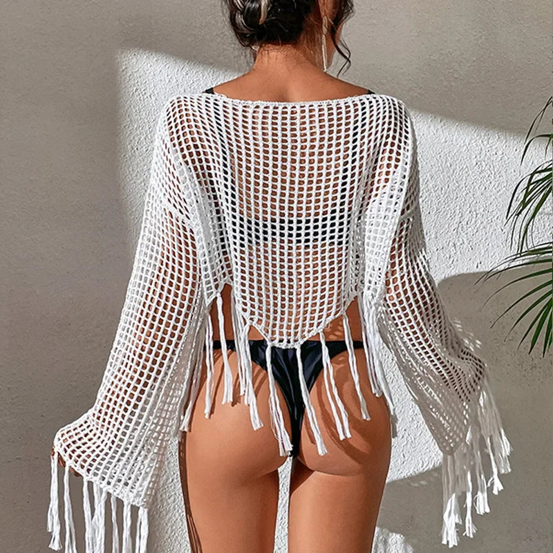 MQTIME - See Through Hollow Out Bikini Cover Ups Women Beachwear Flared Long Sleeve Tassel Smock Crop Tops Swimsuit Cover-Up