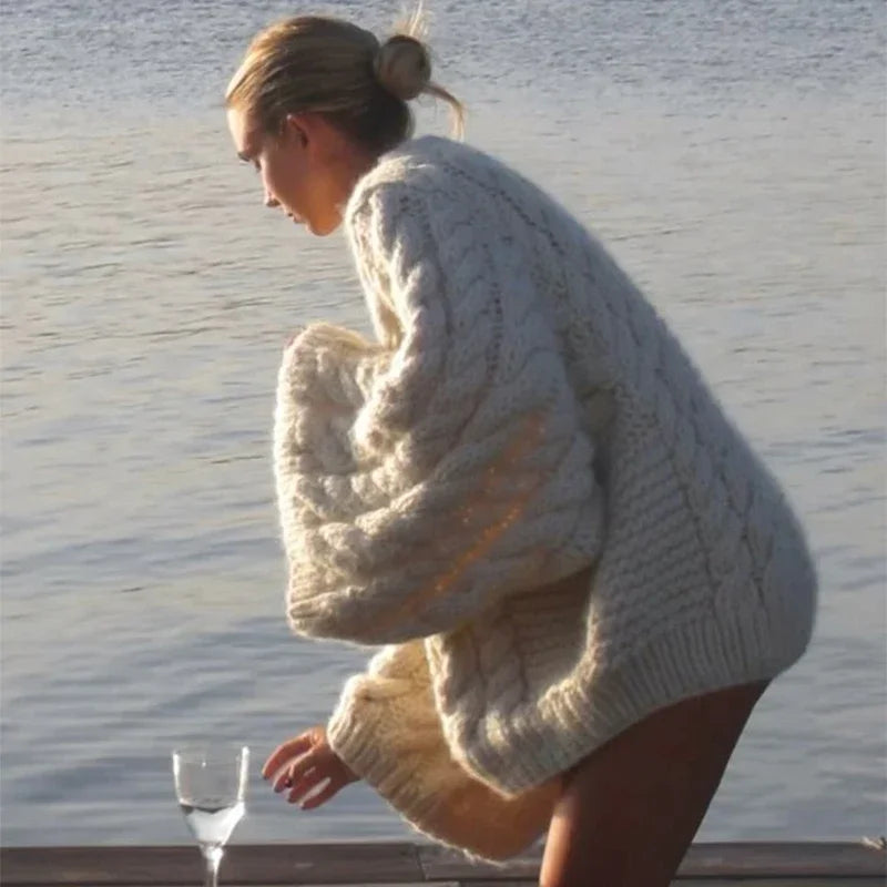 MQTIME - Vintage Knitted Sweater Women Elegant Casual Oversize Pullover Long Sleeve Autumn Winter Solid Lady Twist Sweater Loose