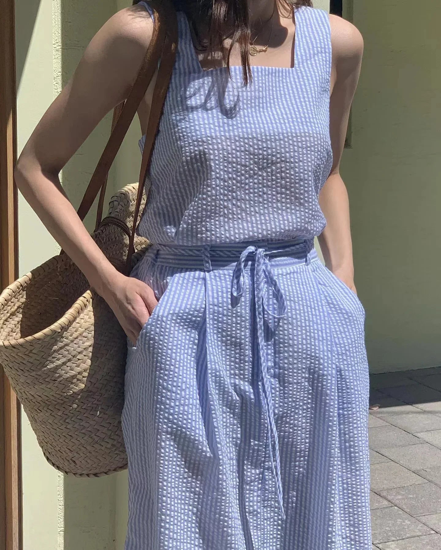 nvxiot - Refreshing Summer Style Square Neck Blue Stripe Sleeveless Tank Top Paired With High Waist Slim Skirt Two Piece Set