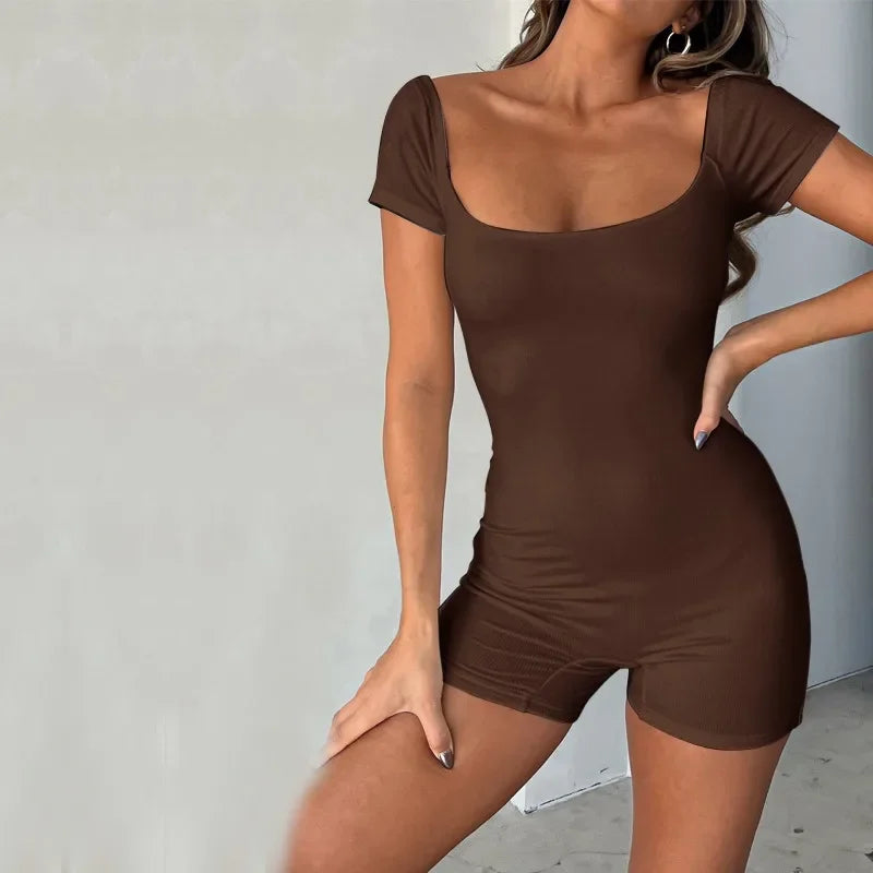 MQTIME - 2024 Women Short Jumpsuit Young Girl Harajuku Short Sleeve Square Neck Solid Slim Fit Summer Playsuit for Daily Party Y2k YDL37