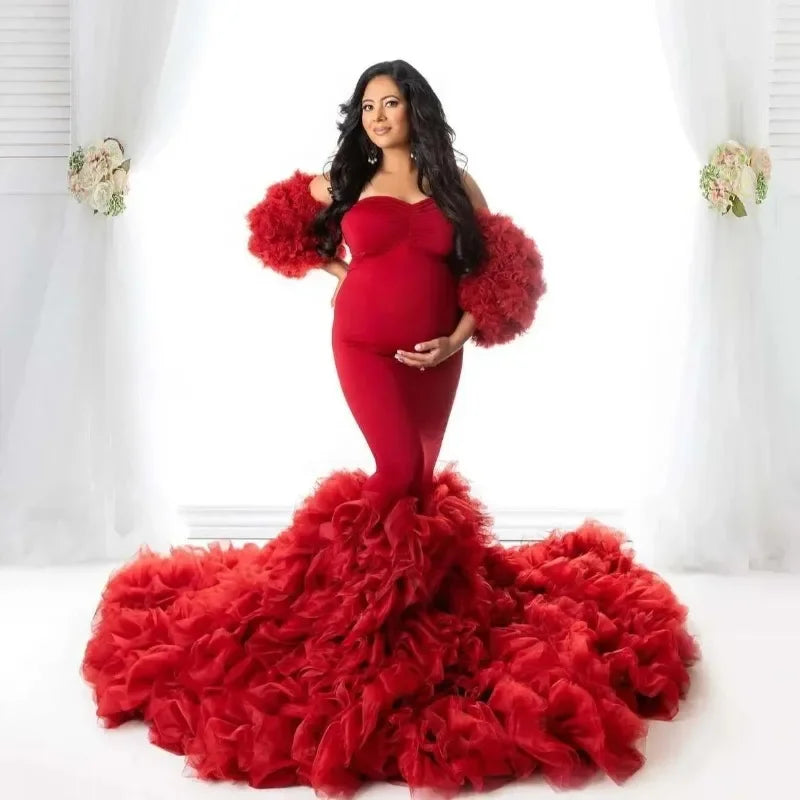 MQTIME - Hot Maternity Dresses Photoshoot Tulle Maxi Gown Baby Shower Ruffles