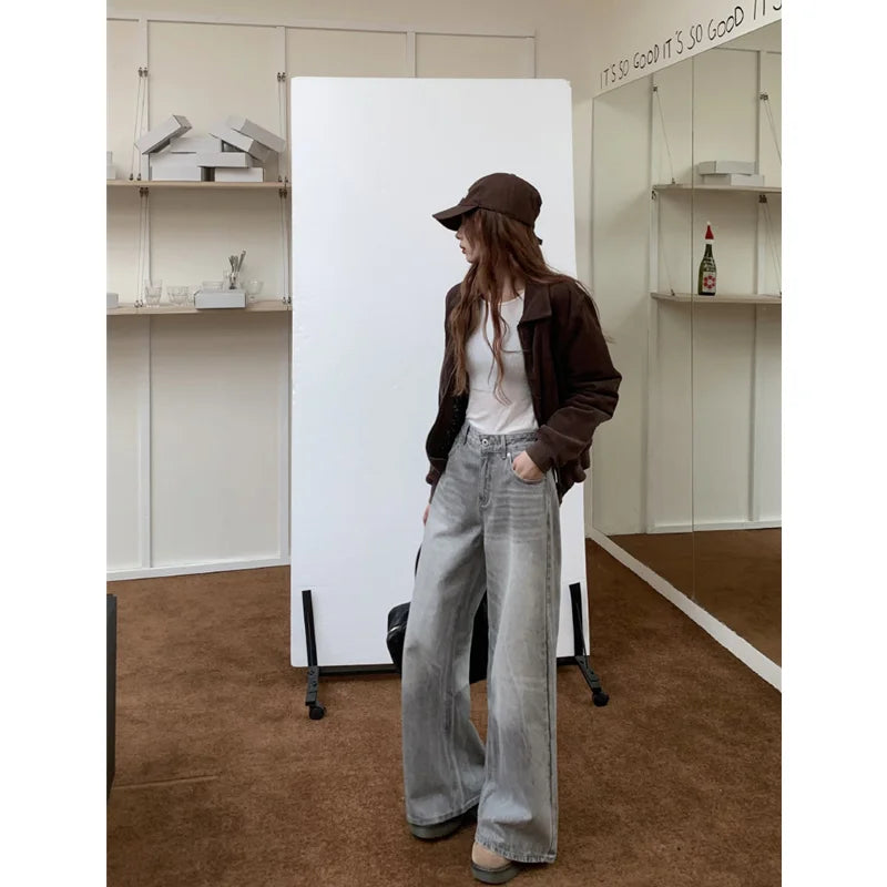 nvxiot - Summer Grey Womens Jeans High Waist Baggy Casual Vintage Y2K Trend Straight Cargo Pants Street American Wide Leg Denim Trouser