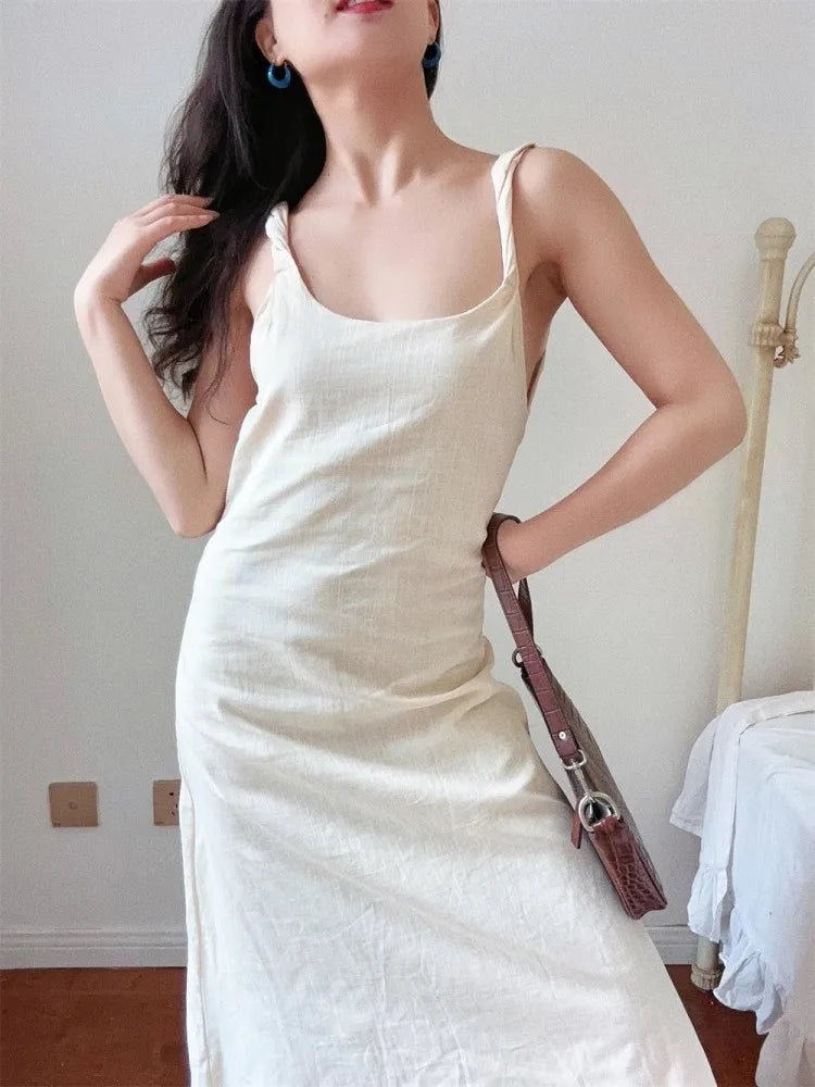 nvxiot - Open Back Cotton And Linen Dress For Women, Elegant And Fashionable Summer, Twisted Shoulder Straps, Vacation Strap Long Dress
