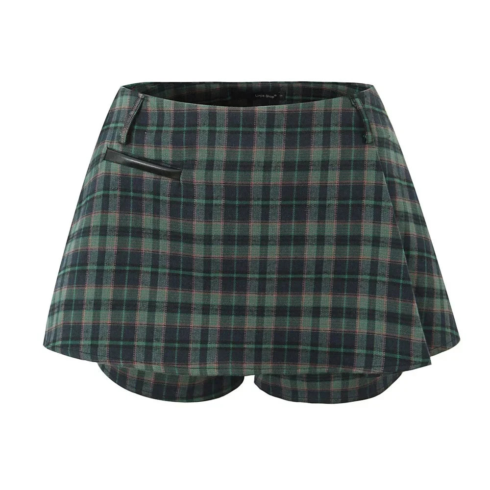 MQTIME - 2024 Summer New Product Women's Retro Slim Fit Temperament Anti Shining A-line Mid Waist Plaid Half skirt