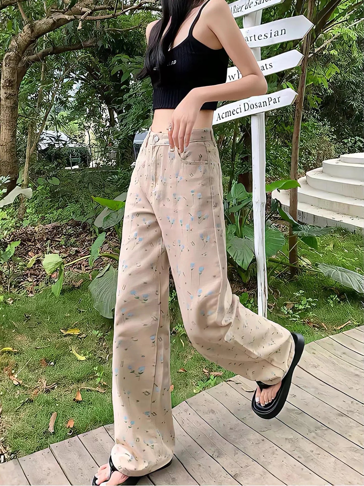 nvxiot - Plus Size Women'S Straight Jeans Small Fragmented Flower Printed Denim Pants Y2k New Wide Leg Chic Ladies Fashion Long Trouser