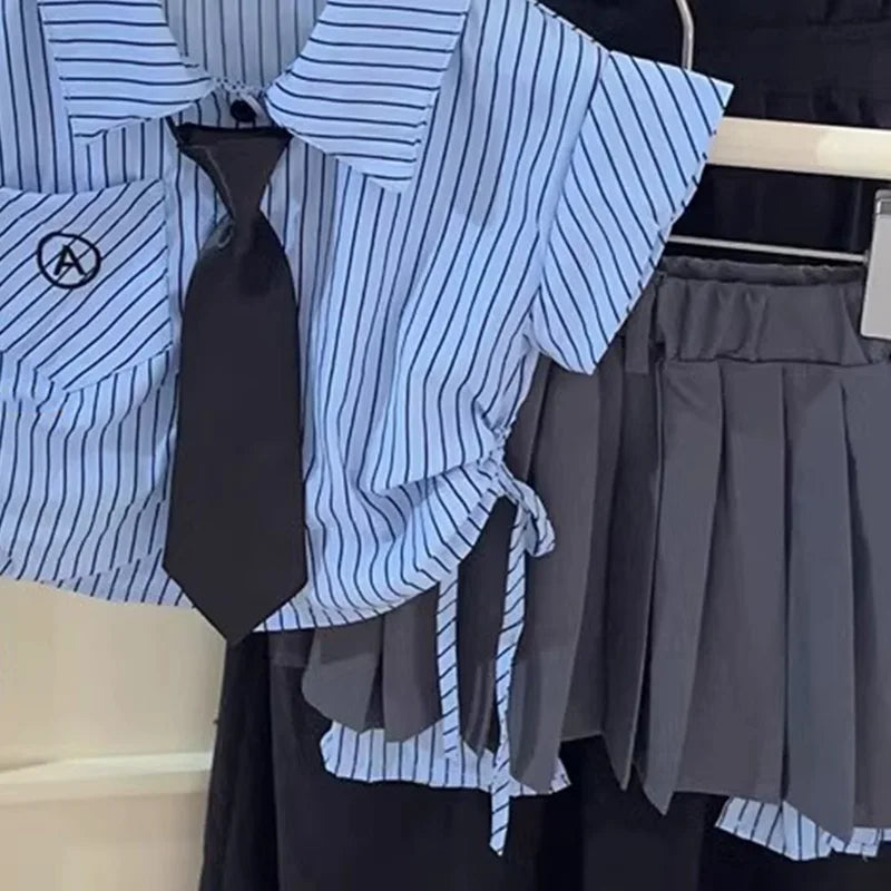 MQTIME - Children's Clothing Suit Summer Girl Campus Fashionable Stripe Flying Sleeve Shirt Top+ Irregular Short Skirt School Uniform