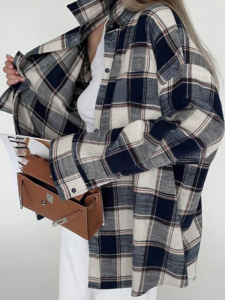nvxiot - 2024 Women Spring Winter Oversized Plaid Shirt Thick Vintage Long Sleeve Loose Fit Blouse For Woman