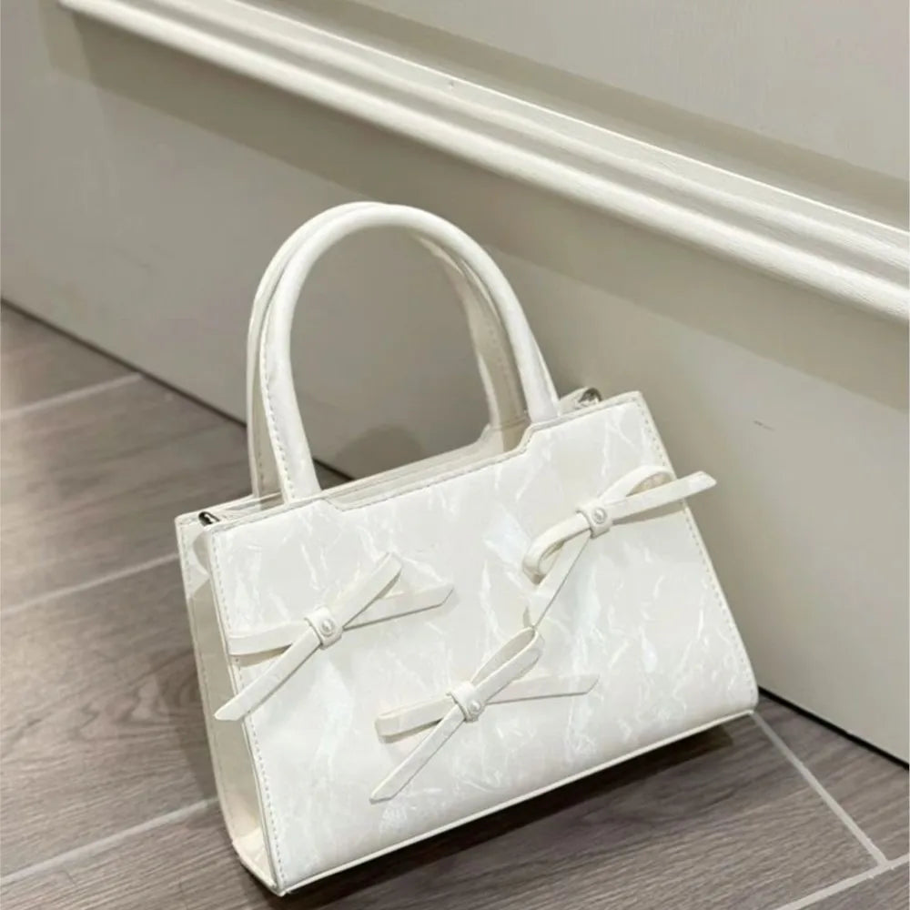 nvxiot - Hot Girls Bow White Mini Tote Bag Women Sweet Cool Bow Chic Leather Y2k Hand Bag Ladies Harajuku Aesthetic Messenger Bag