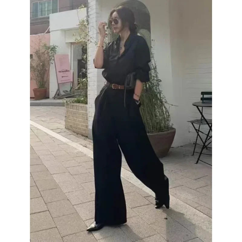 nvxiot - Korean Style Women Pleated Draped Trousers Chic High Waisted Loose Wide Leg Pants Office Ladies Solid Color Long Casual Pants