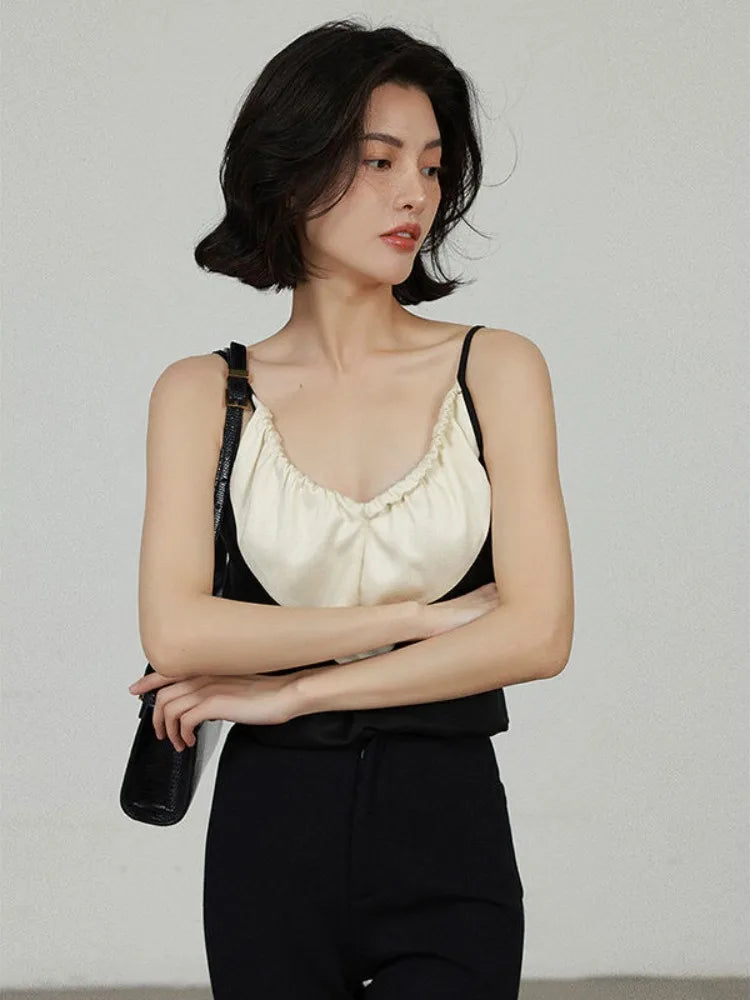 MQTIME - Elegant Satin Crop Top Women Black White Contrast Patchwork Backless Camis Office Lady V-neck Casual Halter Tops Summer