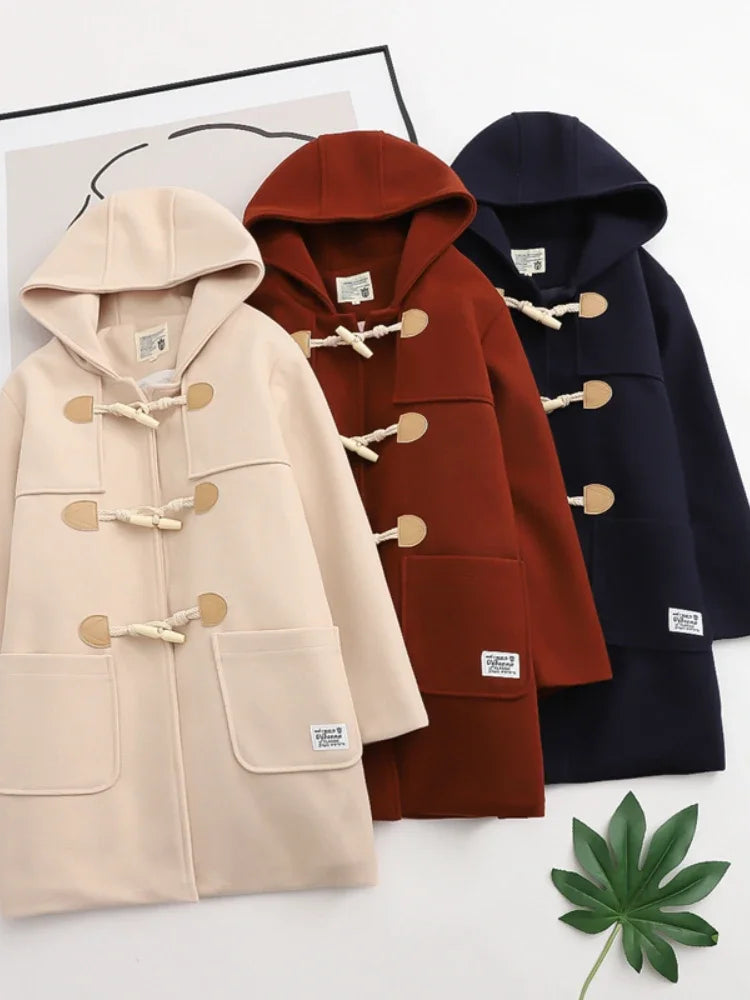 nvxiot - Winter Women Wool Blends Coat Straight Long Hooded Coats Jacket Horn Button Sleeve Preppy Style Female Warmness Outwears