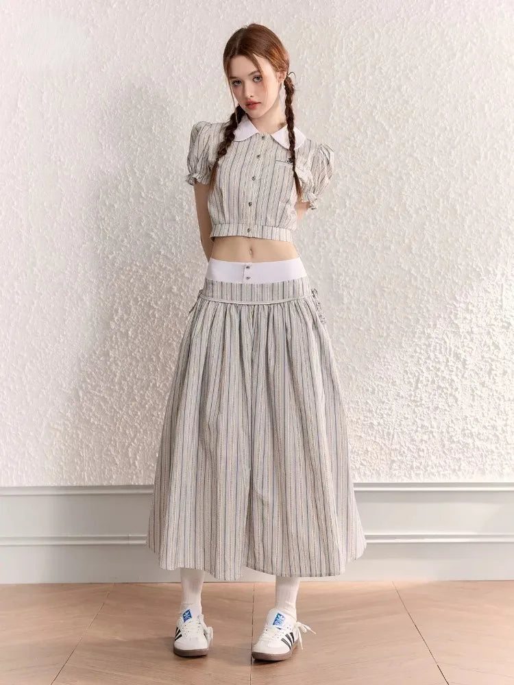 MQTIME - Stripe Turn-down Collar Blouse Preppy Style High Waisted Lace Up Long Skirts Korean Fashion 2 Piece Sets Womens Outfits