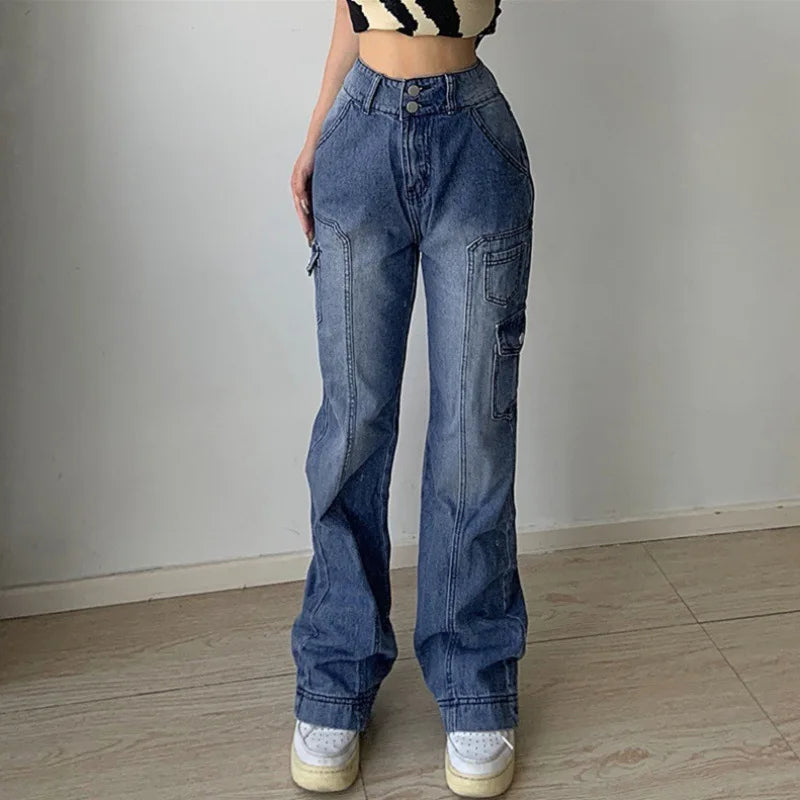 nvxiot Jeans for women high-waisted straight casual pants irregular pocket cargo pants mopping women's retro denim wide-leg trousers