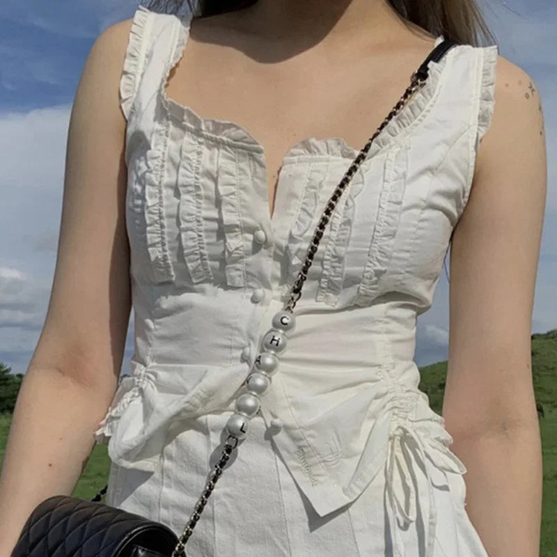 MQTIME - 2024 New Summer Pure White Sleeveless Vest-style Lace-up Round Neck Lace Drawstring Y2k Top With A T-shirt Inside And A Bottom