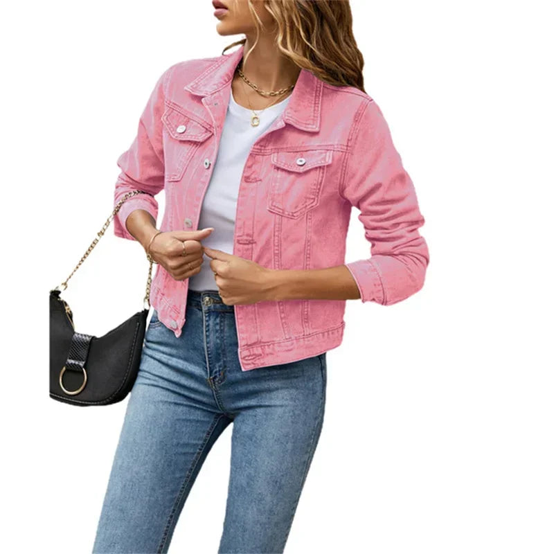 MQTIME - 2024 New Women Short Denim Jackets Fashion Female Casual Long Sleeve Lapel Solid Button Pocket Slim Jean Jacket Fall Winter Coat