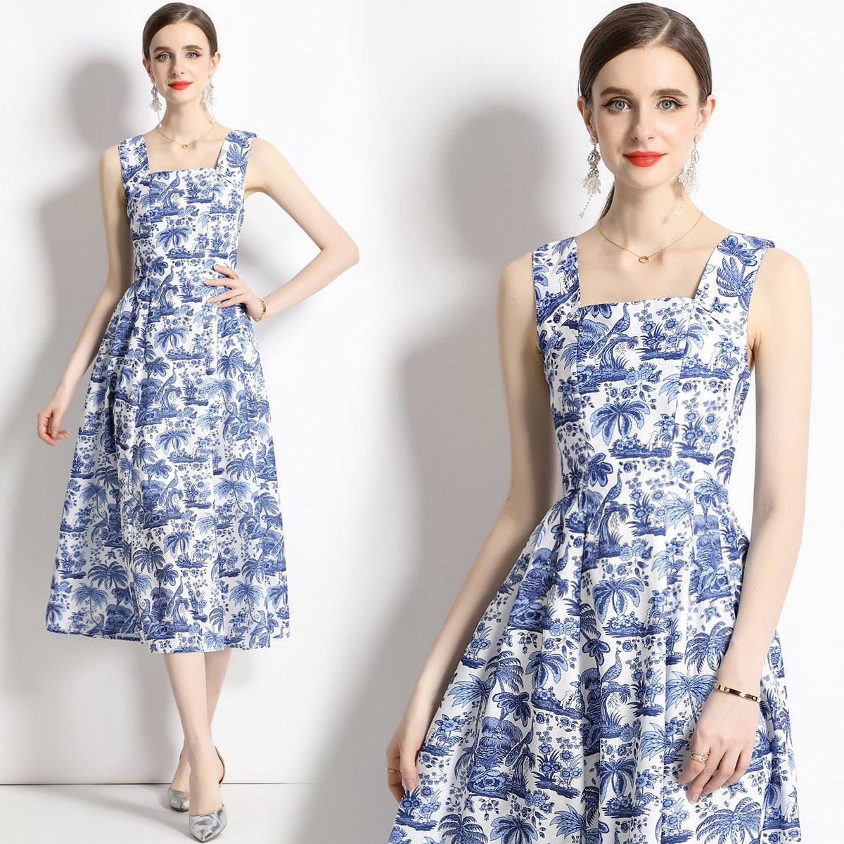 nvxiot Runway Dress Women Summer Flower Dresses Female Beach Straps Ruffles Sundress Lemons Fruits Print Floral Maxi Dress