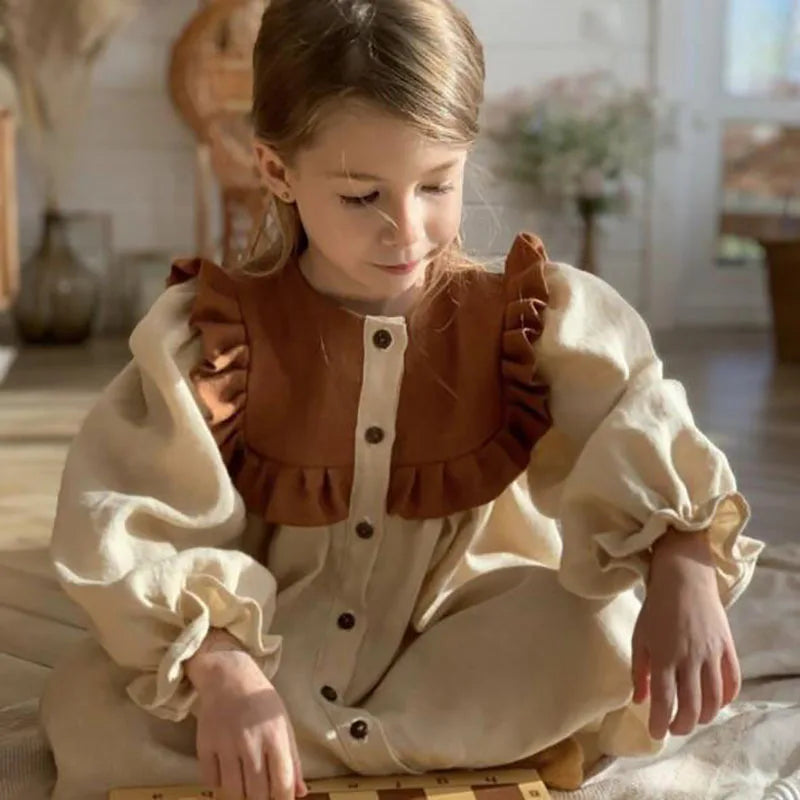 MQTIME - Spring Girls Dress Ruffle Sleeve Kids Dress for Girl Long Sleeve Linen Clothes