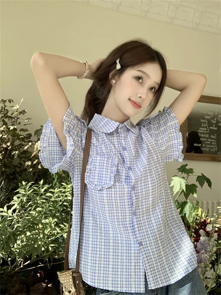nvxiot - Japanese Style Short Sleeved Shirt for Women Spring Summer New Small Figure Niche Plaid Top Sweet Girls Blouse Cute Y2k Blusa