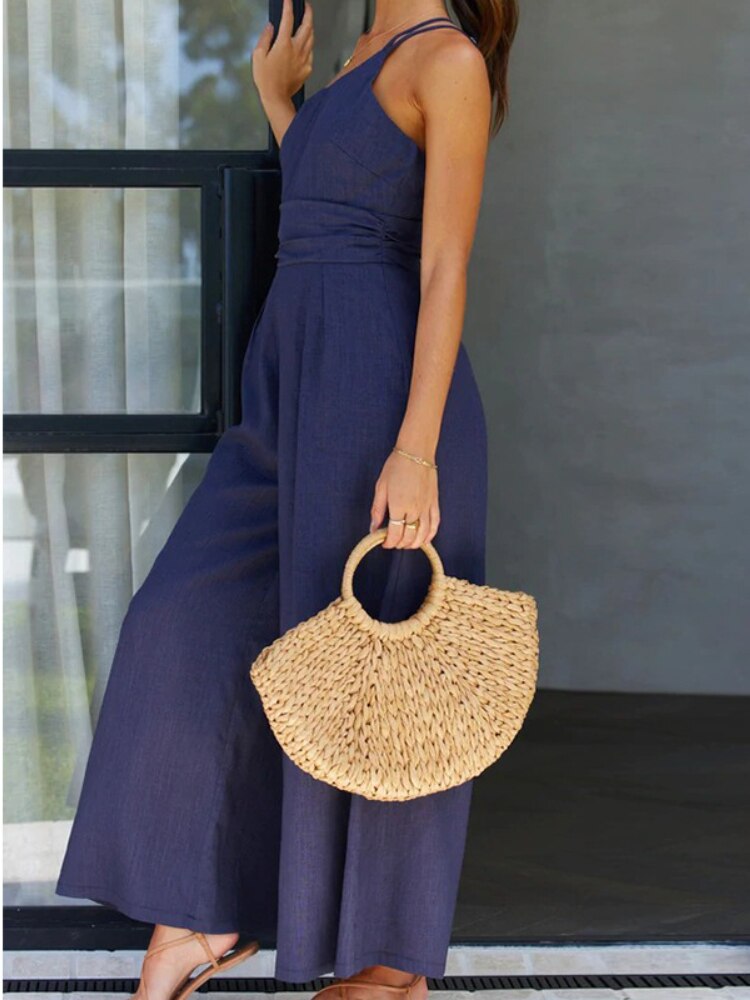 nvxiot Jumpsuit Women 2023 Summer Sleeveless Diagonal Shoulder Chic Elegant Backless Sexy Green Straight Tube Wide Leg Pants Solid Long