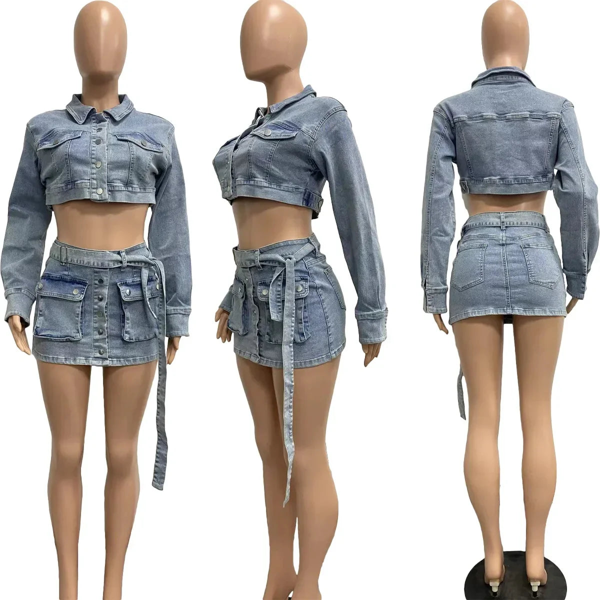 nvxiot - Women Jeans Cargo Two Piece Set Turn Down Collar Long Sleeve Single Breasted Crop Jackets Top Pockets Belt Mini Skirts Suits