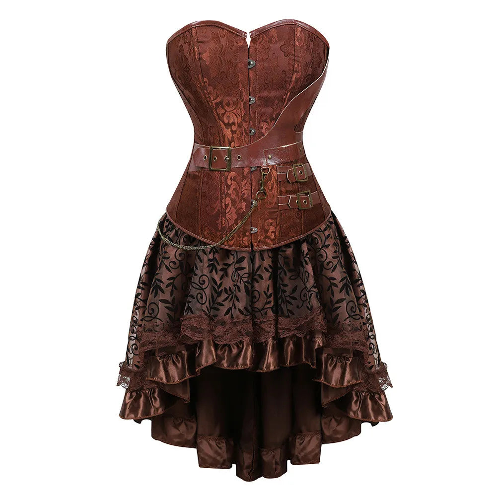MQTIME - Women`s European Steampunk Pirate Costume Women Corset Dress Skirt Lace Up Plus Size Brown Zipper Faux Leather Corset Dress