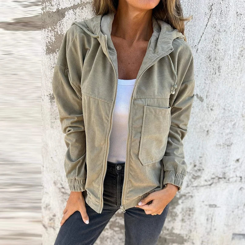 MQTIME - Casual Pocket Long Sleeved Commuter Outerwear New Simple Solid Color Corduroy Jacket Autumn Vintage Zipper Hooded Women's Coat