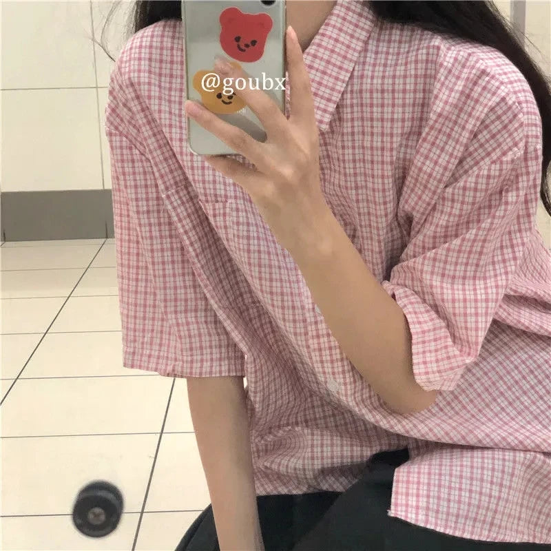 nvxiot - women summer casual plaid short sleeve blouse female oversize Japanese sweet botton shirts lady