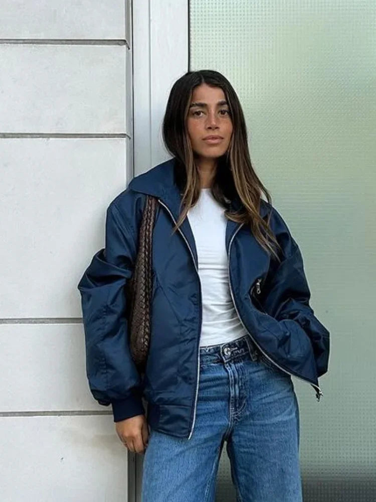 MQTIME - Fashion Zipper Lapel With Pockets Bomber Jacket Women Casual Solid Long Sleeves Short Coats 2024 Autumn Lady Street Outerwear