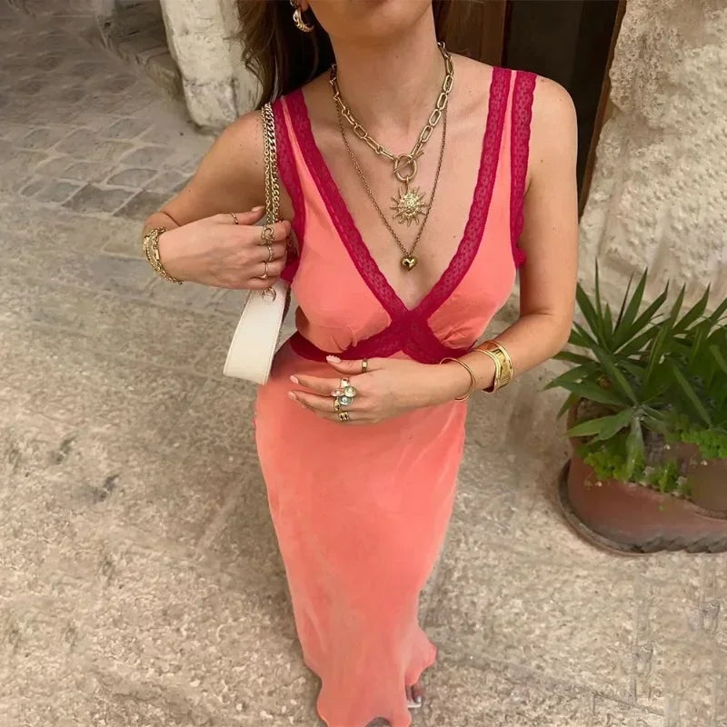 MQTIME - Deep V Neck Dress For Women's Sleeveless High Waist Long Dresses Street Casual Party Elegant Sexy Evening Dress Female
