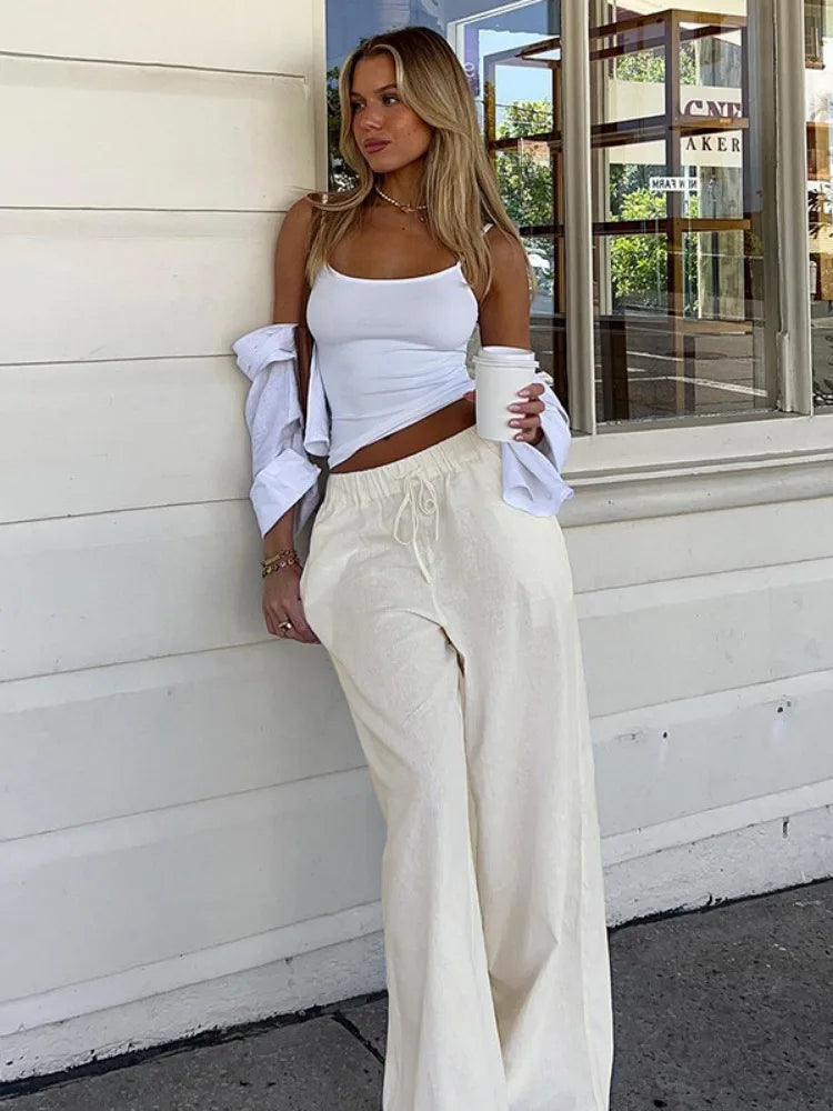 MQTIME - Casual Basic White Pants Women Baggy Low Waist Straight Trousers Solid Color Thin Wide Leg Pantalones Ladies Summer