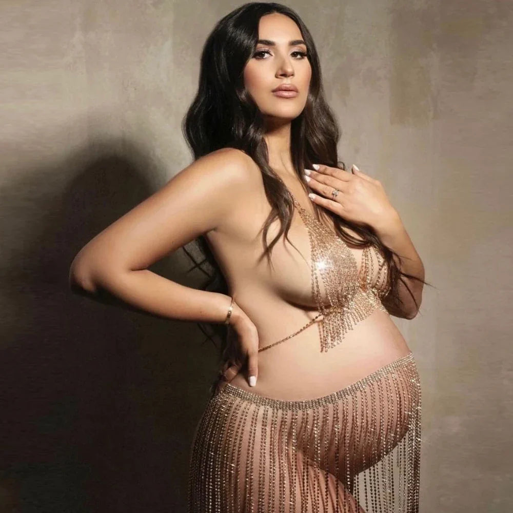nvxiot - Sexy Luxury Maternity Photography Props Dresses Shiny Body Chain Rhinestone Tassel Skirt Photography Studio Accessories
