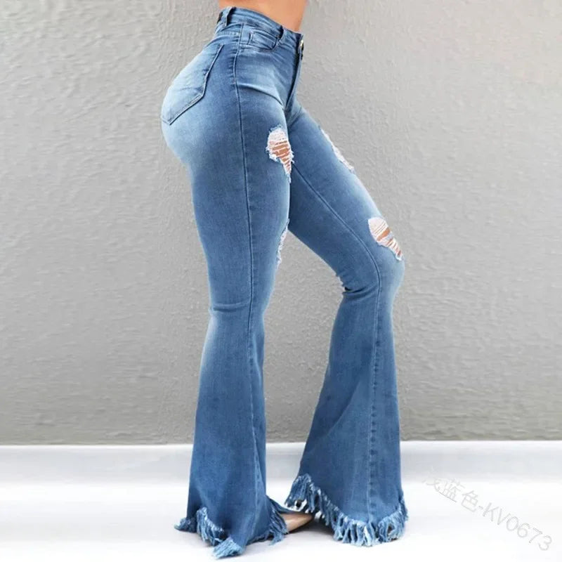 nvxiot - Women Ripped Vintage Fashion All-match Slim Pants Ladies Denim Flare Jeans Denim Skinny Female Wide Leg Hole Trousers Pop