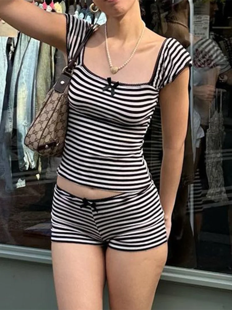 MQTIME - Stripe Contrasting Shorts Sets For Women 2 Pieces Square Neck Spliced Bow Tank Top Casual Y2K Slim Outfit Streetwear