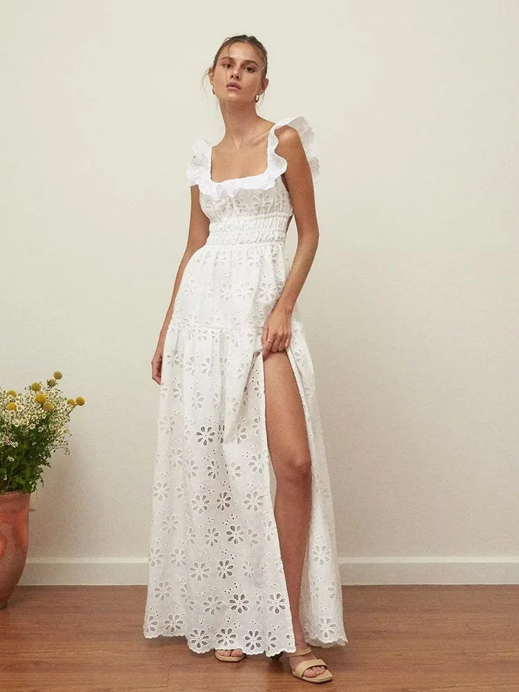 nvxiot - Square Collar White Lace Summer Tank Dress Women Sexy Backless Maxi Long Sundress Holiday Beach Cotton Slip Vestidos Party 2024