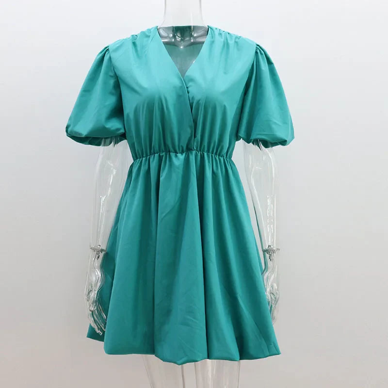 nvxiot Elegant V-Neck Lantern Pleated White Dresses For Women Fashion Solid Party Summer Mini Dress Princess Dress Vestidos