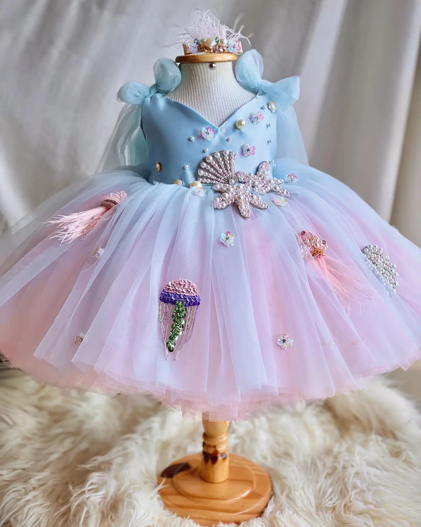 MQTIME - Luxury Sky Blue Baby Flower Girl Dresses Beaded Arab Pearls Princess Kids Gown for Birthday Wedding Evening Party J072