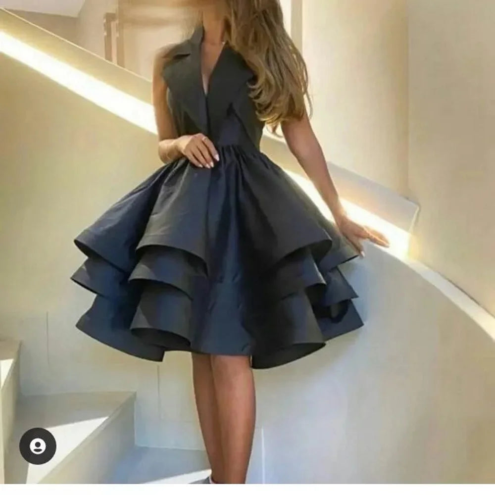 MQTIME - V-Neck BlackRobe De Soirée Satin Evening Gown Custom Made Formal Party Dress Sleeveless Tiered Prom Dresses