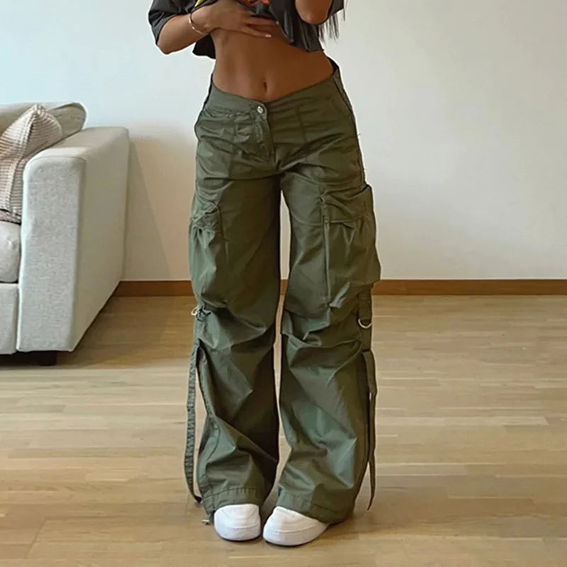nvxiot Cargo pants for women low waist retro multiple pockets loose straight leg casual pants autumn women Y2K fashion wide leg pants
