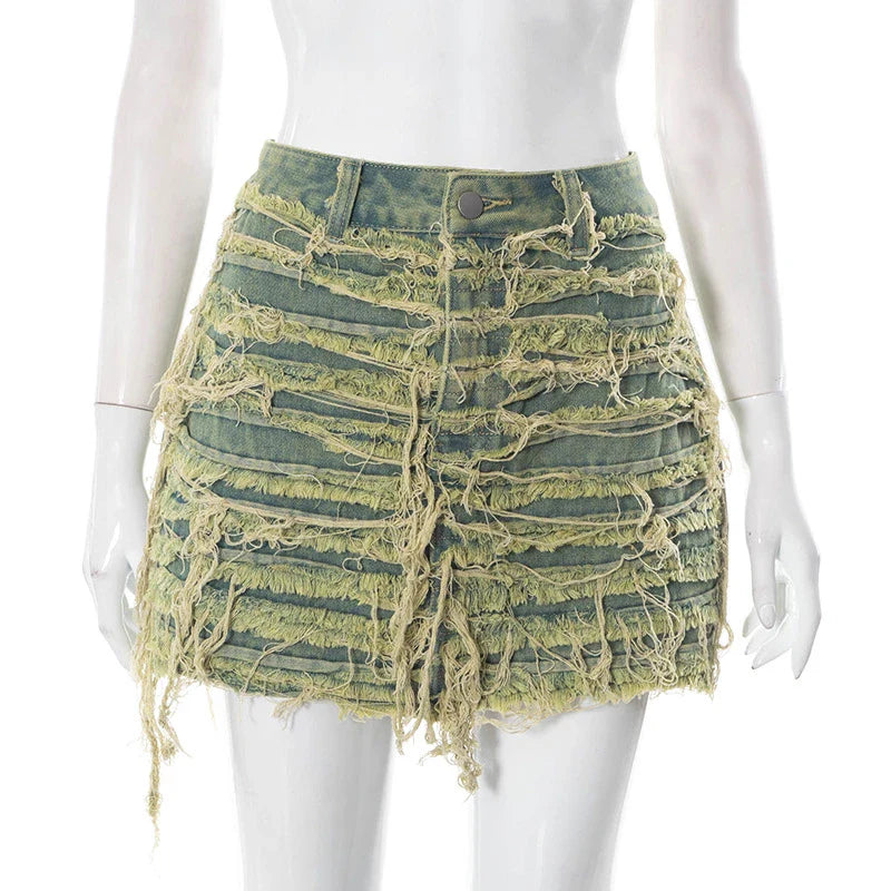 nvxiot - Tassel Holes Denim Mini Skirts Women Fashion Button Fly High Waist Jeans Petticoat Female Y2K Streetwear Wholesale Drop Shipping