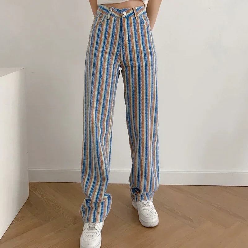 nvxiot - Summer Fashion Women's Pants Women's Clothing e girl aesthetic Color Striped Straight High Waist Casual Pants Streetwear Women